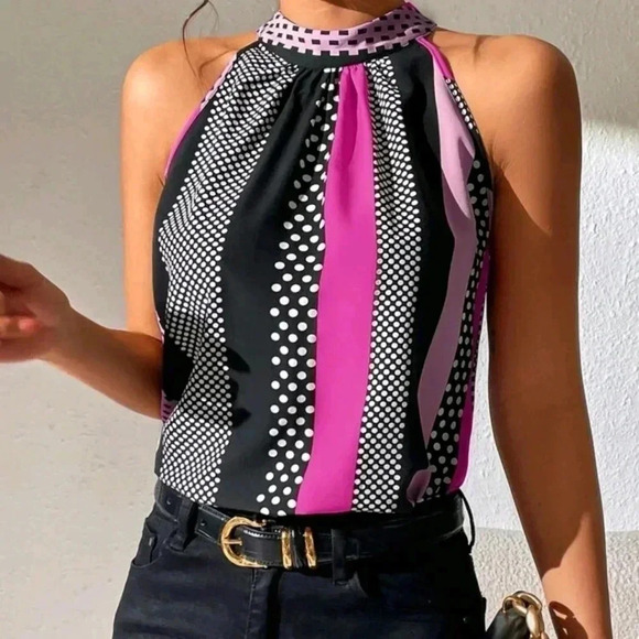 Polka Dot Print Key Hole Back Halter Neck Blouse - Picture 2 of 4